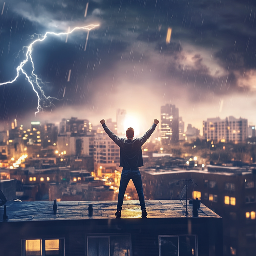 Man Defies the Storm, Embracing Hope Amidst the Lightning