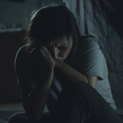 A Moment of Despair: Woman Weeps in Darkness