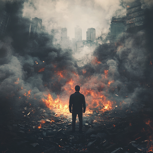 A City in Flames: One Figure Stands Amidst the Ruins