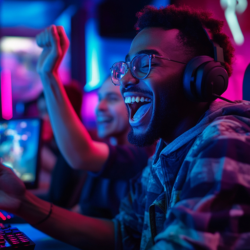 Victory Dance! Gamer Celebrates Triumph with Headphone-Fueled Excitement