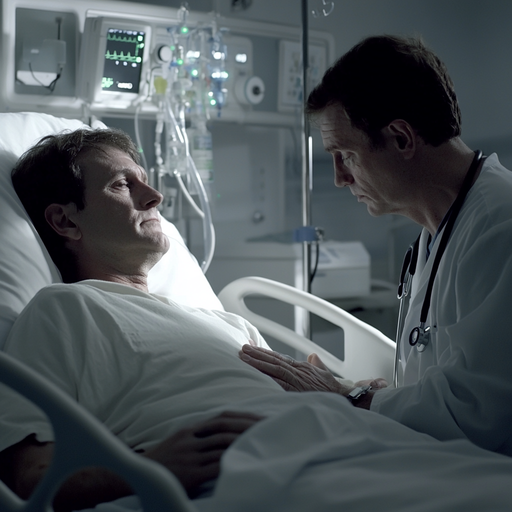 A Moment of Concern: Doctor Examines Patient in Dimly Lit Hospital Room