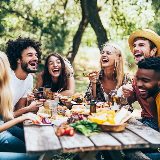 Friends Sharing Laughter and Joy at a Park Picnic