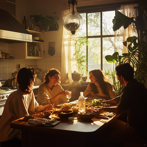 Sun-Kissed Laughter: Friends Gather for a Cozy Kitchen Meal