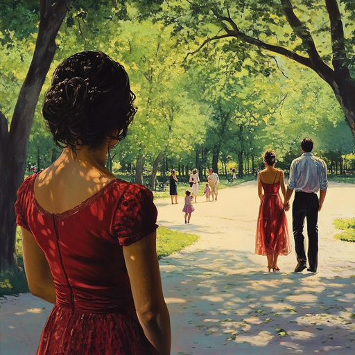 A Moment of Serenity: A Woman in Red Contemplates in the Park