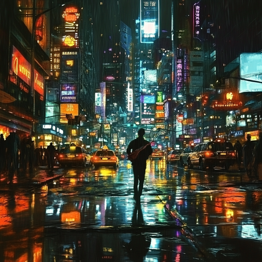 Lost in the Neon Glow: A Lonely Figure Walks the Wet Streets