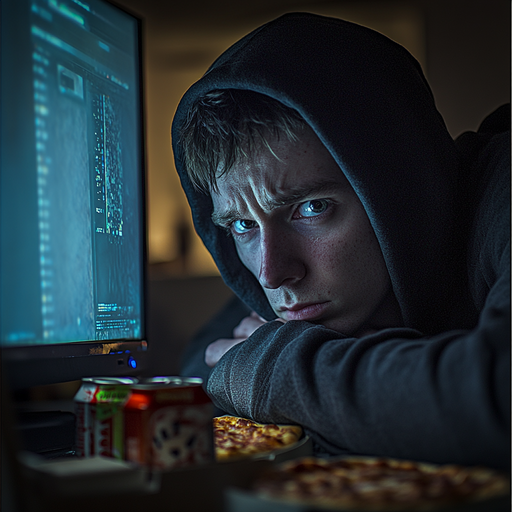 Lost in the Code: A Young Man’s Intense Focus in a Dimly Lit Room