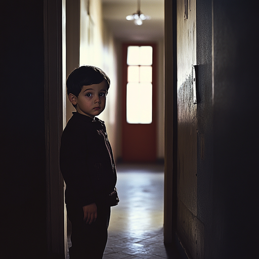 A Boy’s Somber Gaze in a Shadowy Hallway