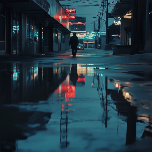 Lost in the Neon Glow: A Lonely Figure Walks the Wet Streets