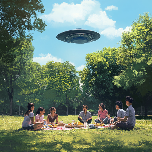 Picnic with a Twist: Friends Gather Under a Mysterious Flying Saucer