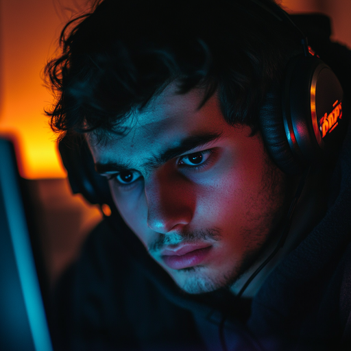 Lost in the Code: A Young Man’s Intense Focus Under Colorful Light