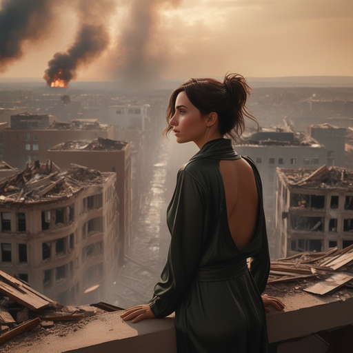 Elegance Amidst Ruin: A Woman Contemplates a City’s Fall