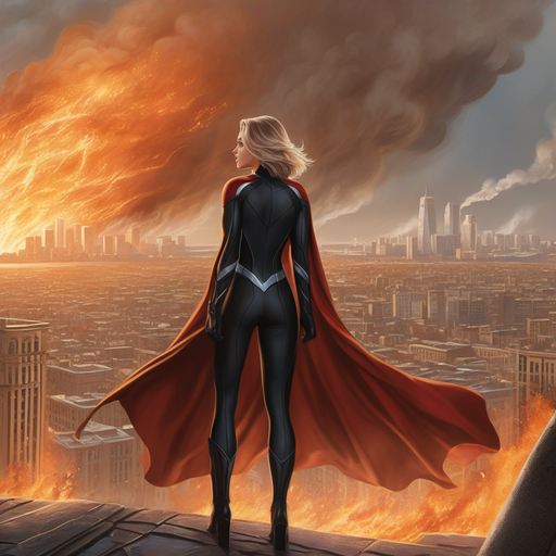 Hope Amidst the Flames: Superhero Stands Tall Against City’s Ruin