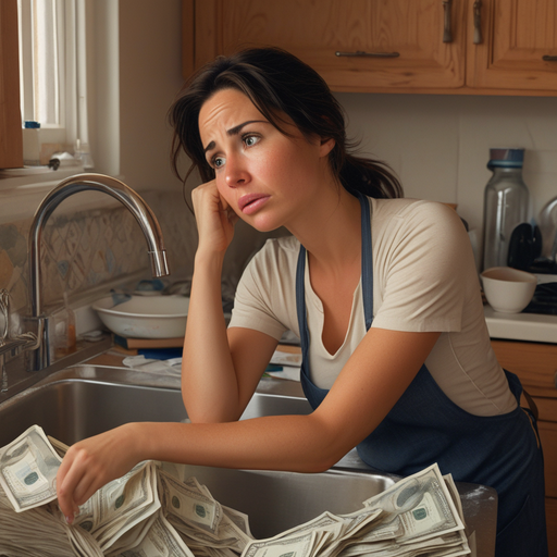 Drowning in Debt: Woman Overwhelmed by a Sink Full of Money