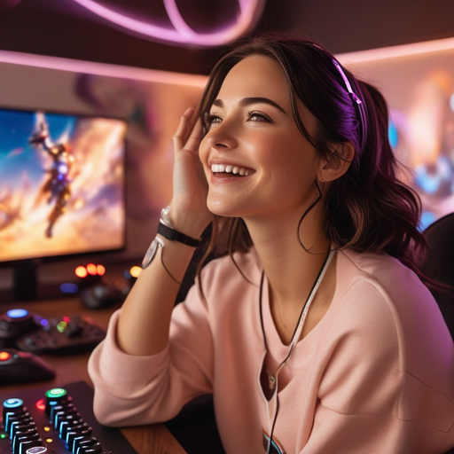 Gamer Girl Radiates Joy in Pink-Lit Gaming Room