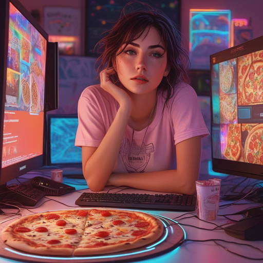 Dreamy Moment: A Woman’s Intimate Encounter with Pizza and Technology