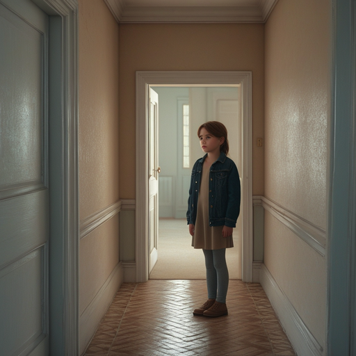 A Moment of Solitude: A Young Girl’s Melancholy in an Empty Hallway