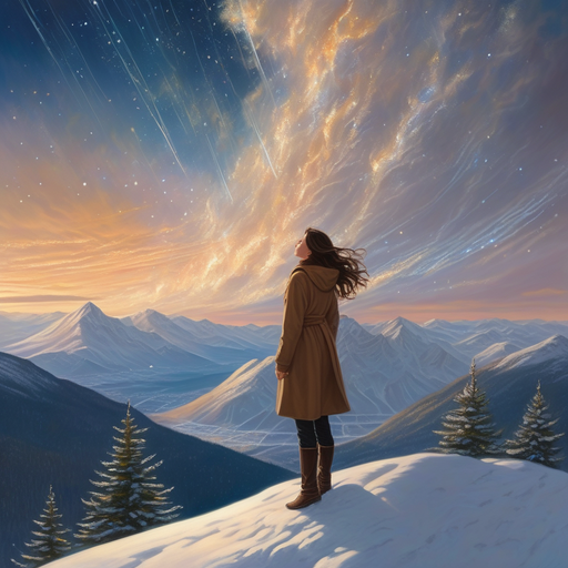 Awe-Inspiring Beauty: Woman Gazes at a Starry Sky on a Snowy Mountaintop