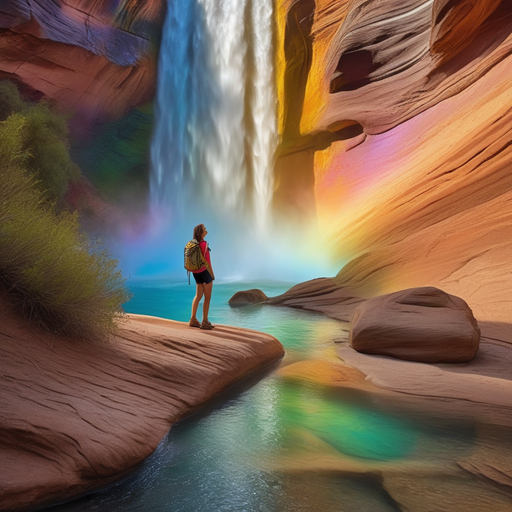 Lost in the Majesty: A Woman Gazes Upon a Vibrant Waterfall