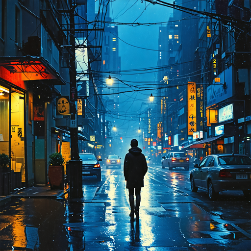 Lost in the Neon Rain: A Solitary Figure Walks Through the City’s Gloom