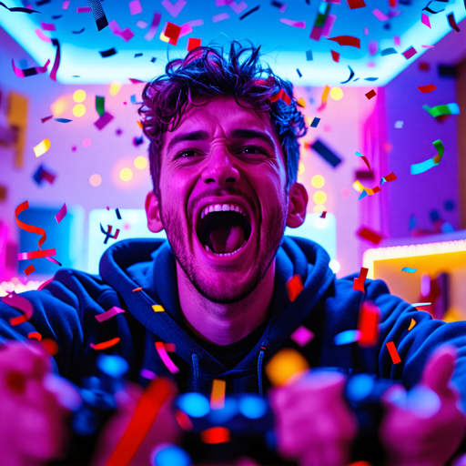 Victory Dance! Gamer Celebrates Triumph Amidst Confetti Shower