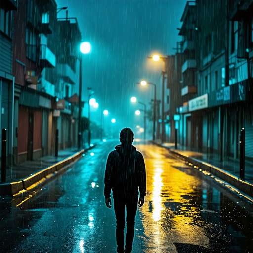 Lost in the Shadows: A Solitary Figure Walks Through the Rain