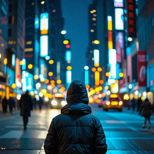 Lost in the Neon Glow: A Solitary Figure Walks the City Streets