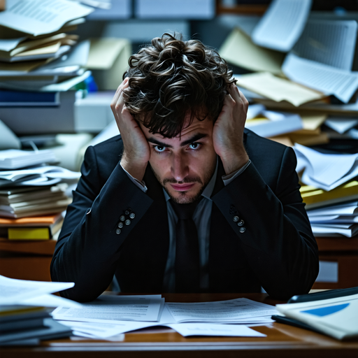 The Weight of Work: A Man Crumbles Under a Mountain of Paperwork