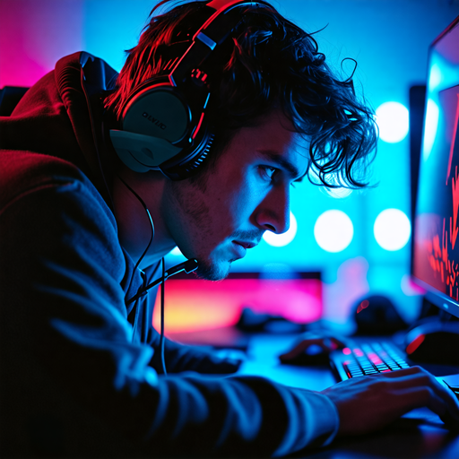 Lost in the Game: A Gamer’s Intense Focus Under Neon Lights