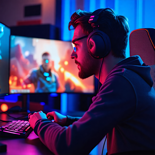 Lost in the Game: A Gamer’s Intense Focus Under Neon Lights