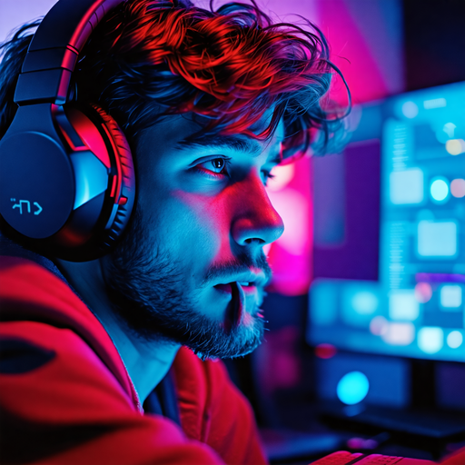 Lost in the Digital Realm: A Young Man’s Intense Focus Under Red and Blue Lights