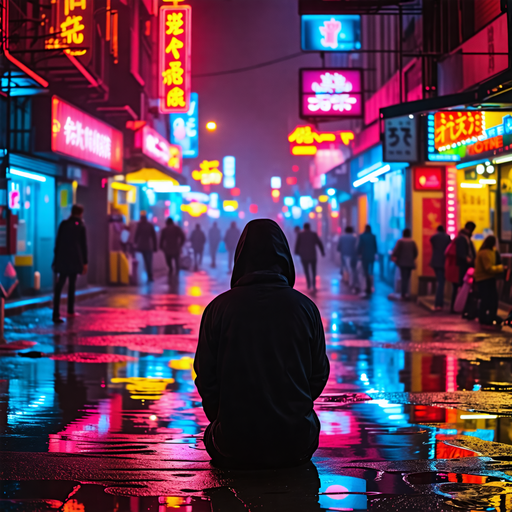 Lost in the Neon Labyrinth: A Solitary Figure in a Futuristic Cityscape