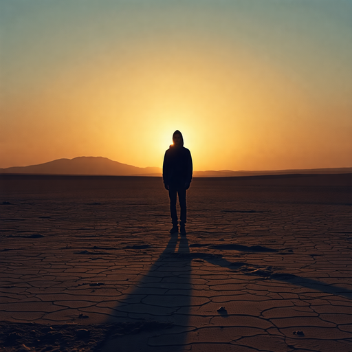 Silhouetted Against the Setting Sun: A Moment of Contemplation in a Cracked Earth Landscape