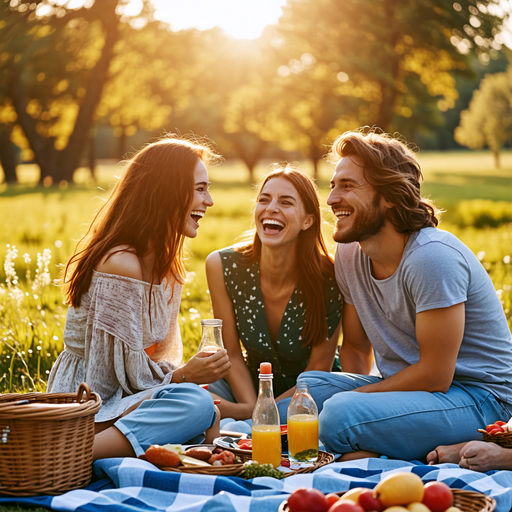 Golden Hour Laughter: Friends Enjoy a Sunny Picnic