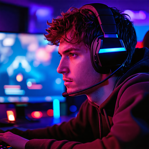 Lost in the Code: A Young Man’s Intense Focus Under Neon Lights