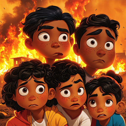 Fear in the Flames: Children Huddle in Desperation