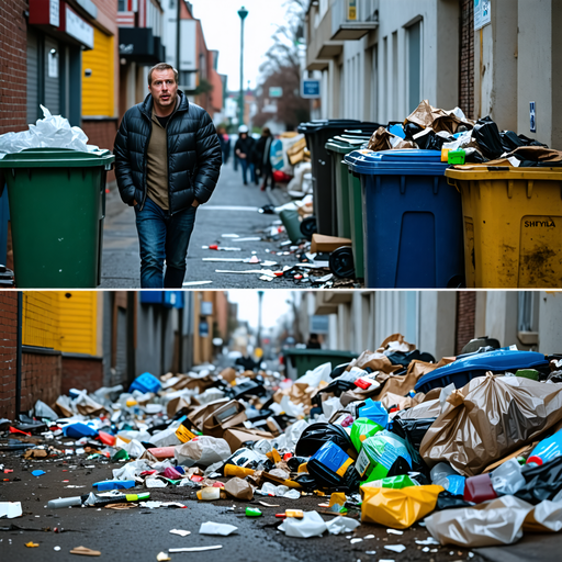 Man Navigates a Sea of Trash in Gloomy Alley