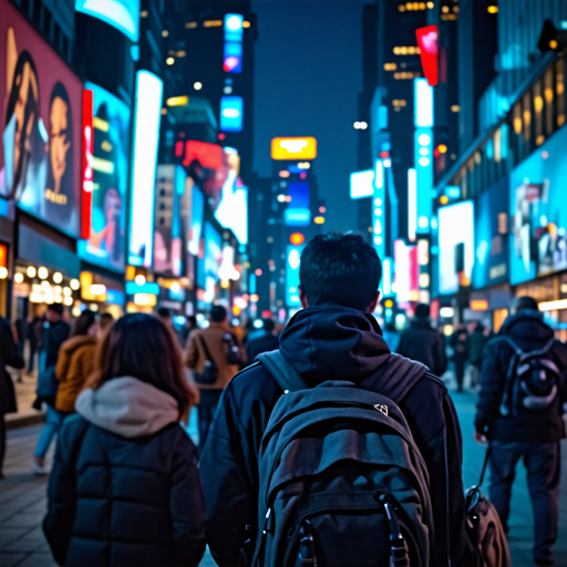 Lost in the Neon Glow: A Man’s Silhouette in the City’s Heart