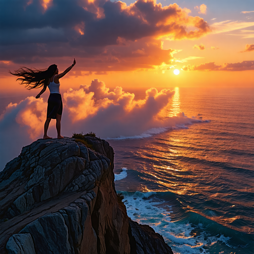 Silhouetted Hope: A Woman Embraces the Fiery Sunset