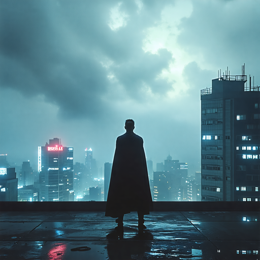 Silhouetted Hero, City Lights, and a Moody Sky