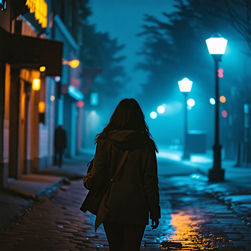 Lost in the Blue Glow: A Woman Walks Alone in the Night