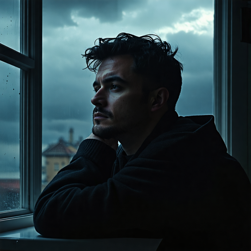 Lost in Thought: A Man’s Melancholy Gaze Through a Rain-Streaked Window