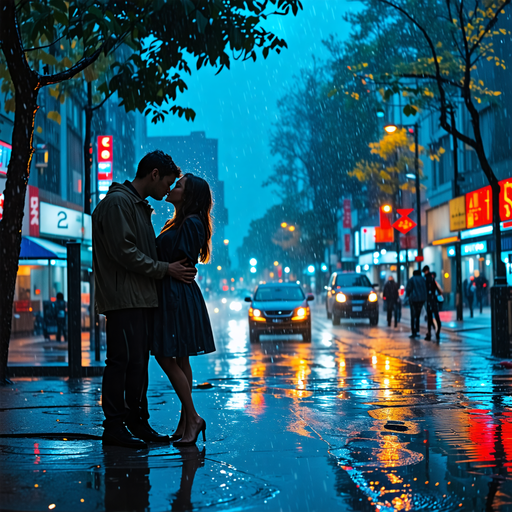 A Timeless Embrace: Love in the Rain-Soaked City