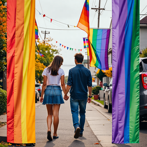 Love and Pride: A Couple Celebrates in a Rainbow-Filled Street