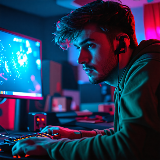 Lost in the Game: A Gamer’s Intense Focus Under Neon Lights