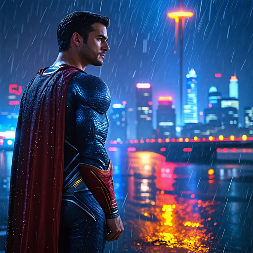 The City Awaits: A Superhero Stands Watch in the Rain