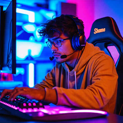 Neon Glow, Focused Flow: Gamer Immersed in the Digital Arena