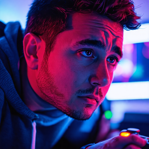 Neon Glow of Focus: A Young Man’s Intense Concentration