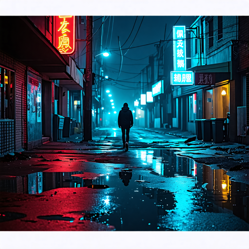 Lost in the Neon Glow: A Solitary Figure Walks the Wet Streets