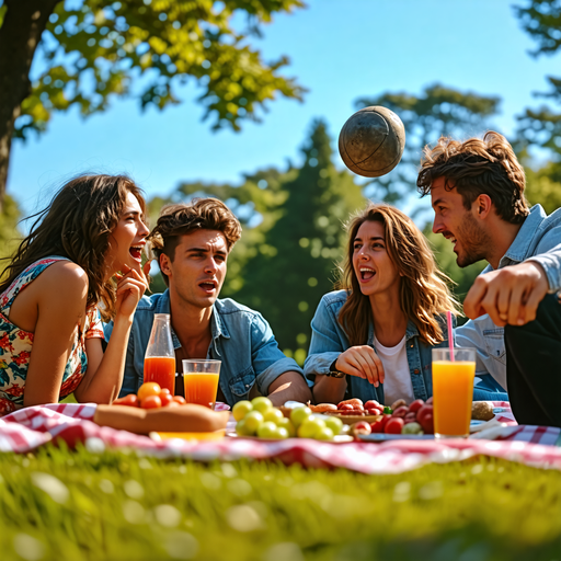 Friends Enjoying a Carefree Picnic with a Touch of Playfulness