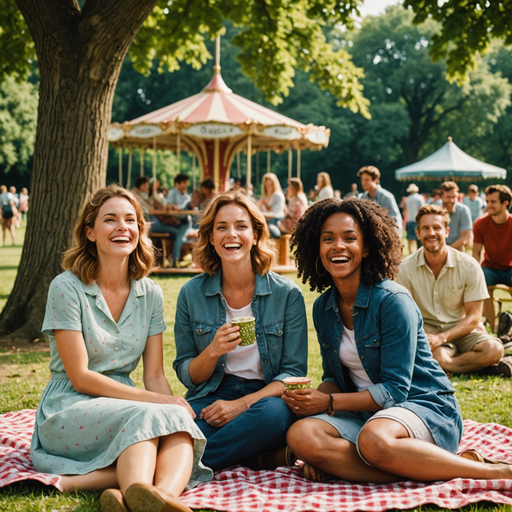 Summer Fun and Laughter: Friends Enjoy a Picnic by the Carousel